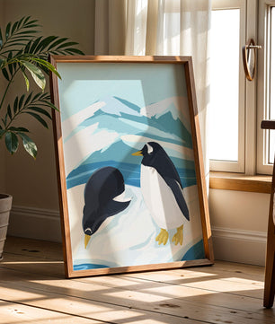 Gentoo penguins in an Antarctic landscape illustration