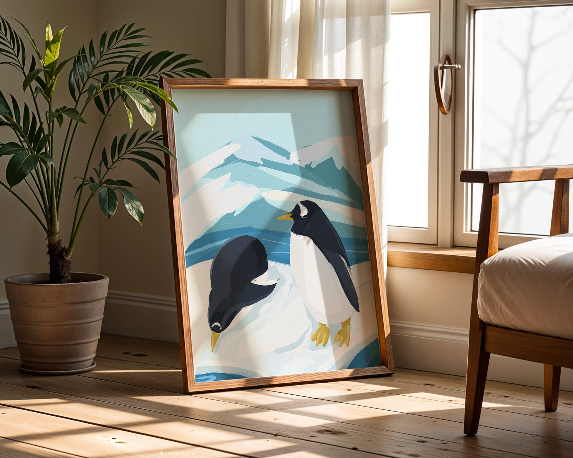 Gentoo penguins in an Antarctic landscape illustration