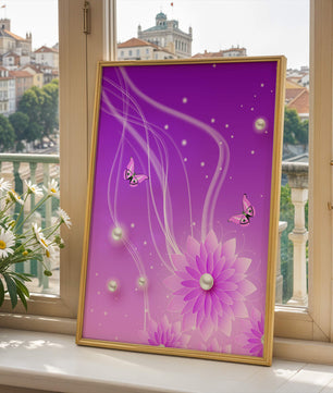 Design floral violet rêveur avec des papillons et des perles