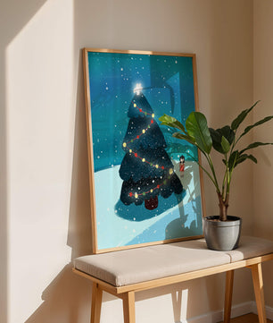 Winter scene with decorated Christmas tree and snowfall