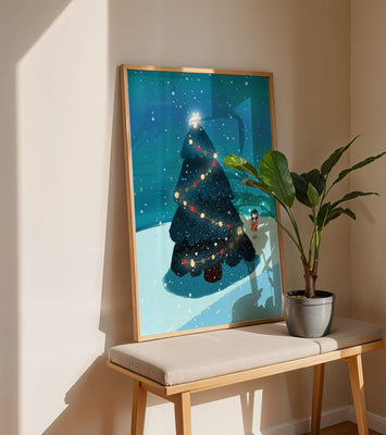 Winter scene with decorated Christmas tree and snowfall