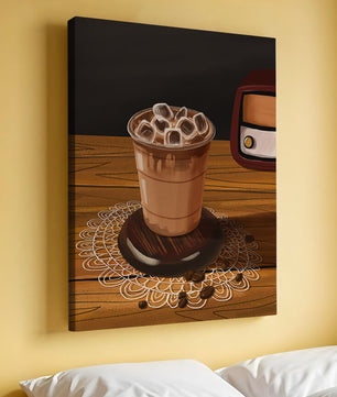 Escena de café vintage con café helado y radio retro