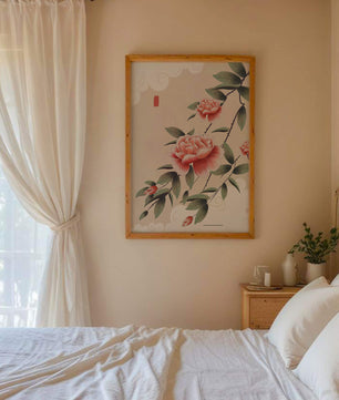 Oriental floral illustration with pink peonies and calligraphy
