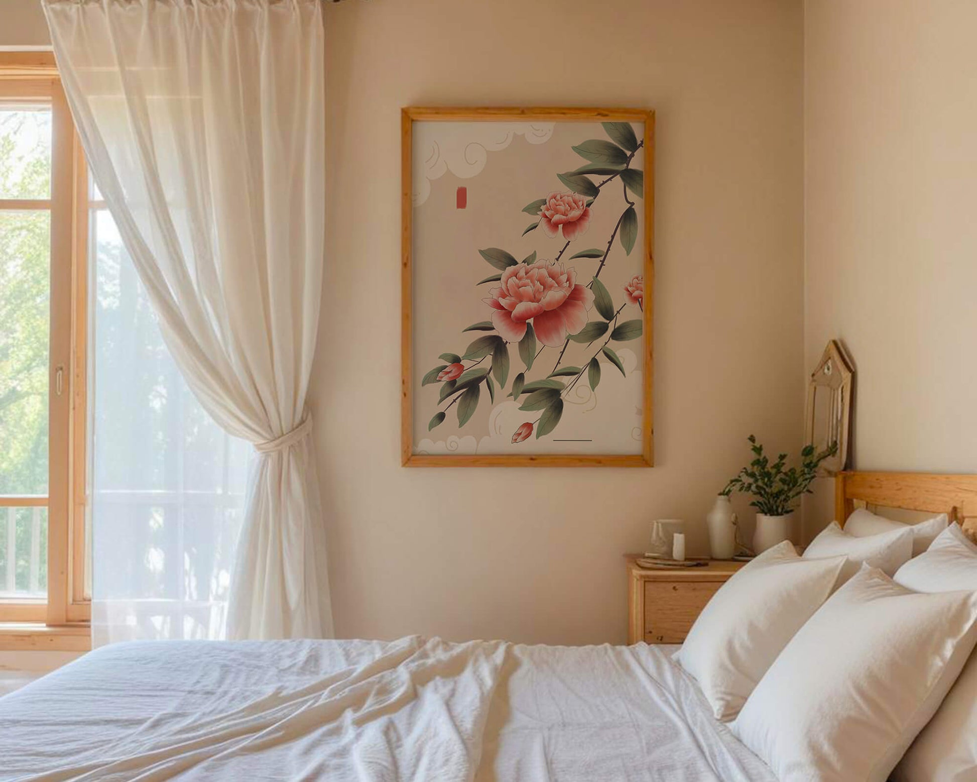 Oriental floral illustration with pink peonies and calligraphy