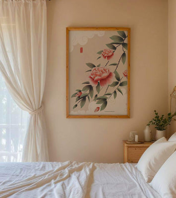 Oriental floral illustration with pink peonies and calligraphy