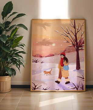 Winter sunset walk with a girl and dog in snowy landscape
