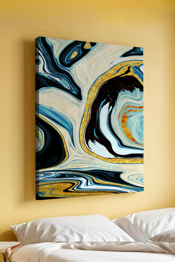 Abstract Marble Art with Gold Accents in Blue and Black Swirls