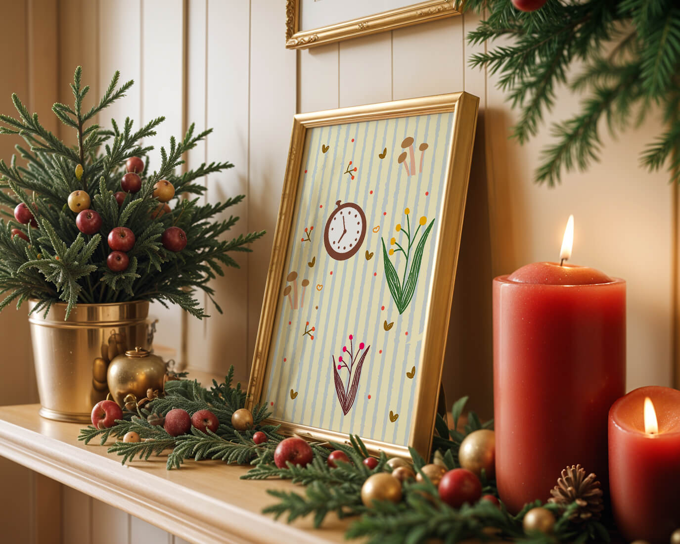 Whimsical pattern with clock, mushrooms, and florals on striped background