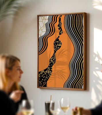 Artistic abstract design with wavy black lines and golden accents