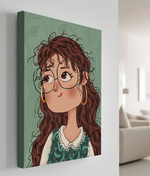 Illustration of a Thoughtful Girl with Glasses and Curly Hair