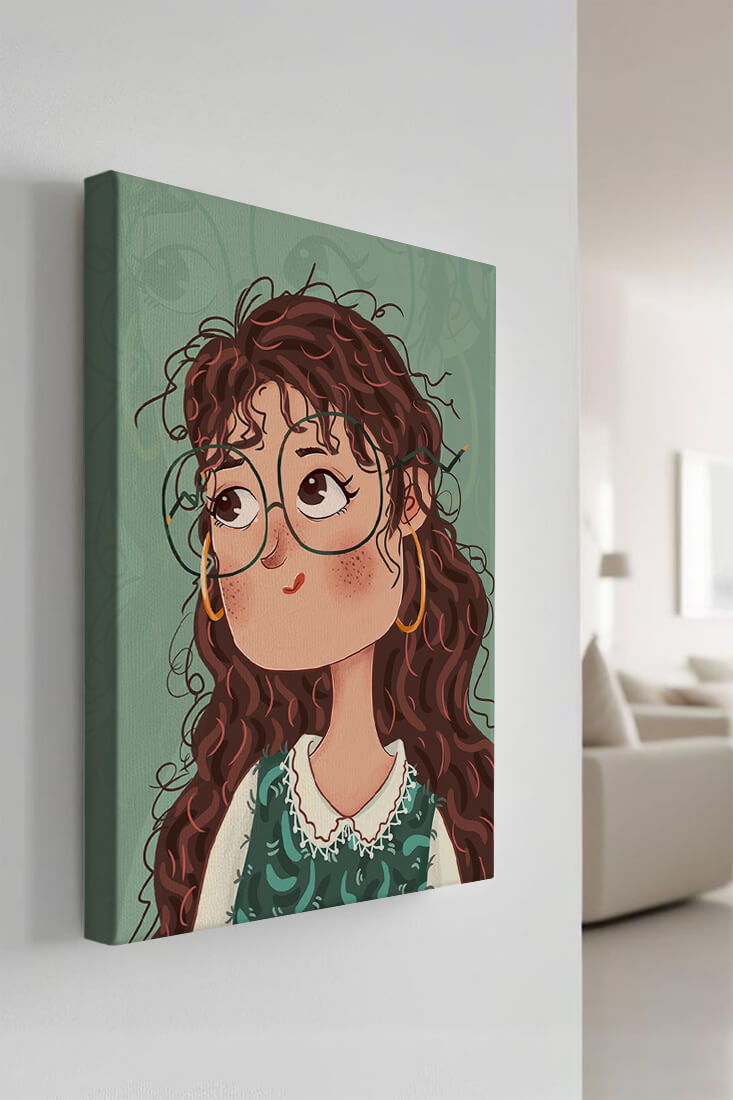 Ilustración de una chica pensativa con gafas y pelo rizado