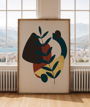 Abstract Botanical Composition with Geometric Shapes and Gold Accent - Mi tienda