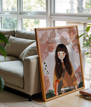 Ilustración de una niña con flores en tonos pasteles suaves
