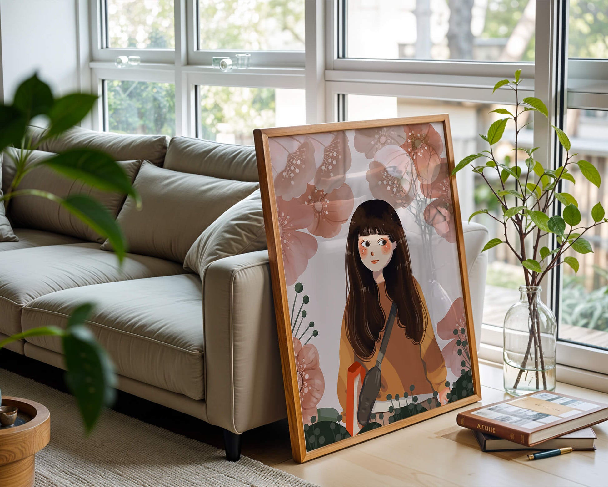 Illustration of girl with flowers in soft pastel hues