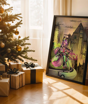 Cyberpunk-Anime-Figur im futuristischen Stadtbild 