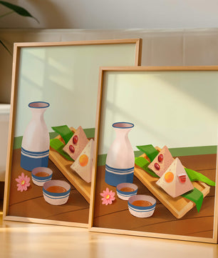 Traditional Asian rice dumplings with tea set on bamboo tray