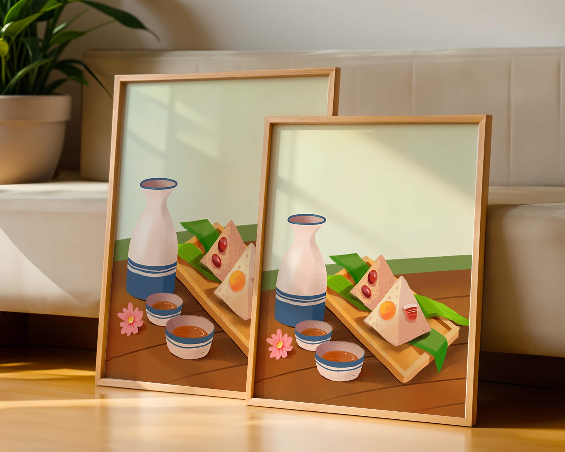 Traditional Asian rice dumplings with tea set on bamboo tray