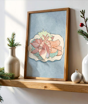 Illustration of seafood platter with shrimp and salmon on a decorative plate