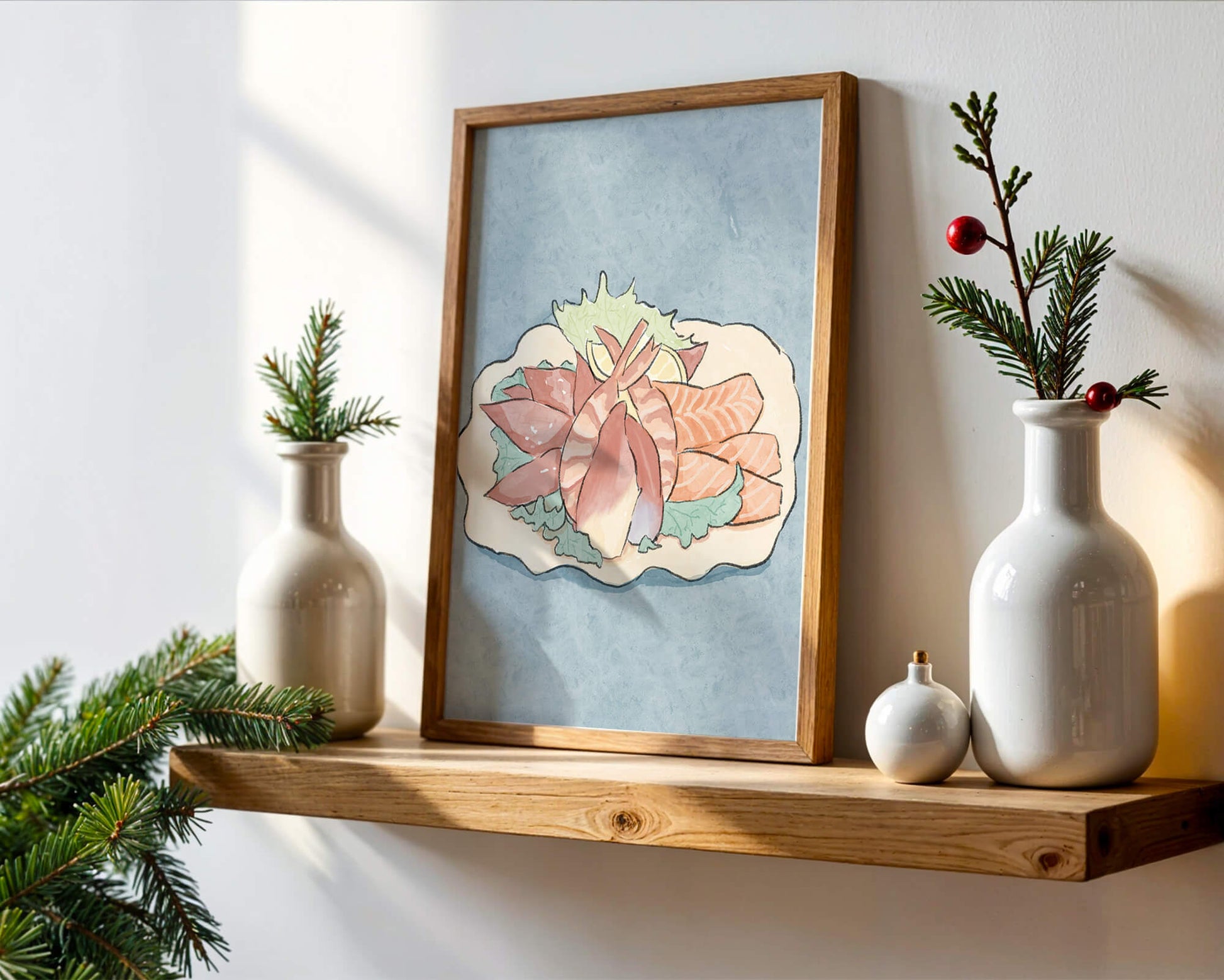 Illustration of seafood platter with shrimp and salmon on a decorative plate