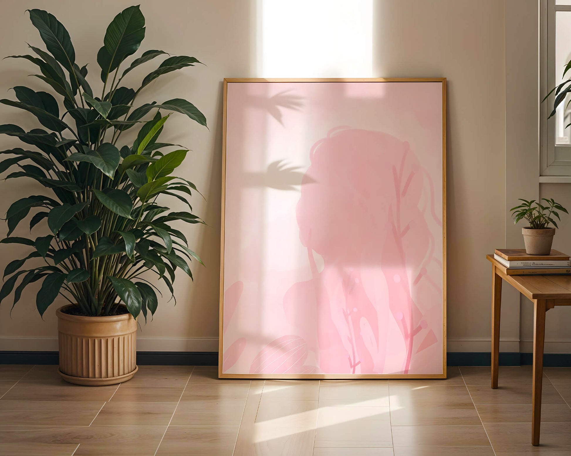 Subtle pink abstract silhouette with floral elements