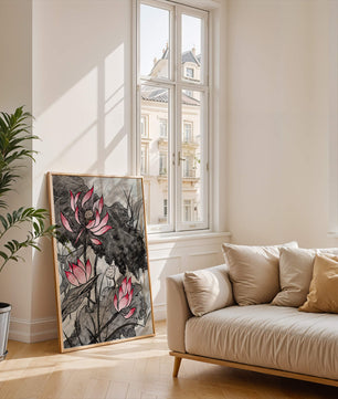 Illustration complexe de fleurs de lotus roses avec des feuilles