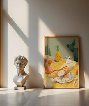 Gato con gafas de sol en un entorno tropical con baguettes y frutas