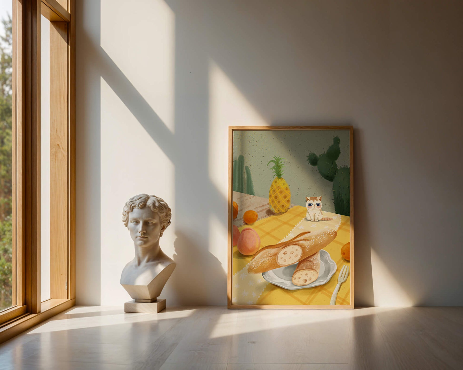 Gato con gafas de sol en un entorno tropical con baguettes y frutas