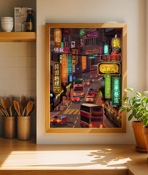 Vibrant urban street with neon signs and bustling traffic at night