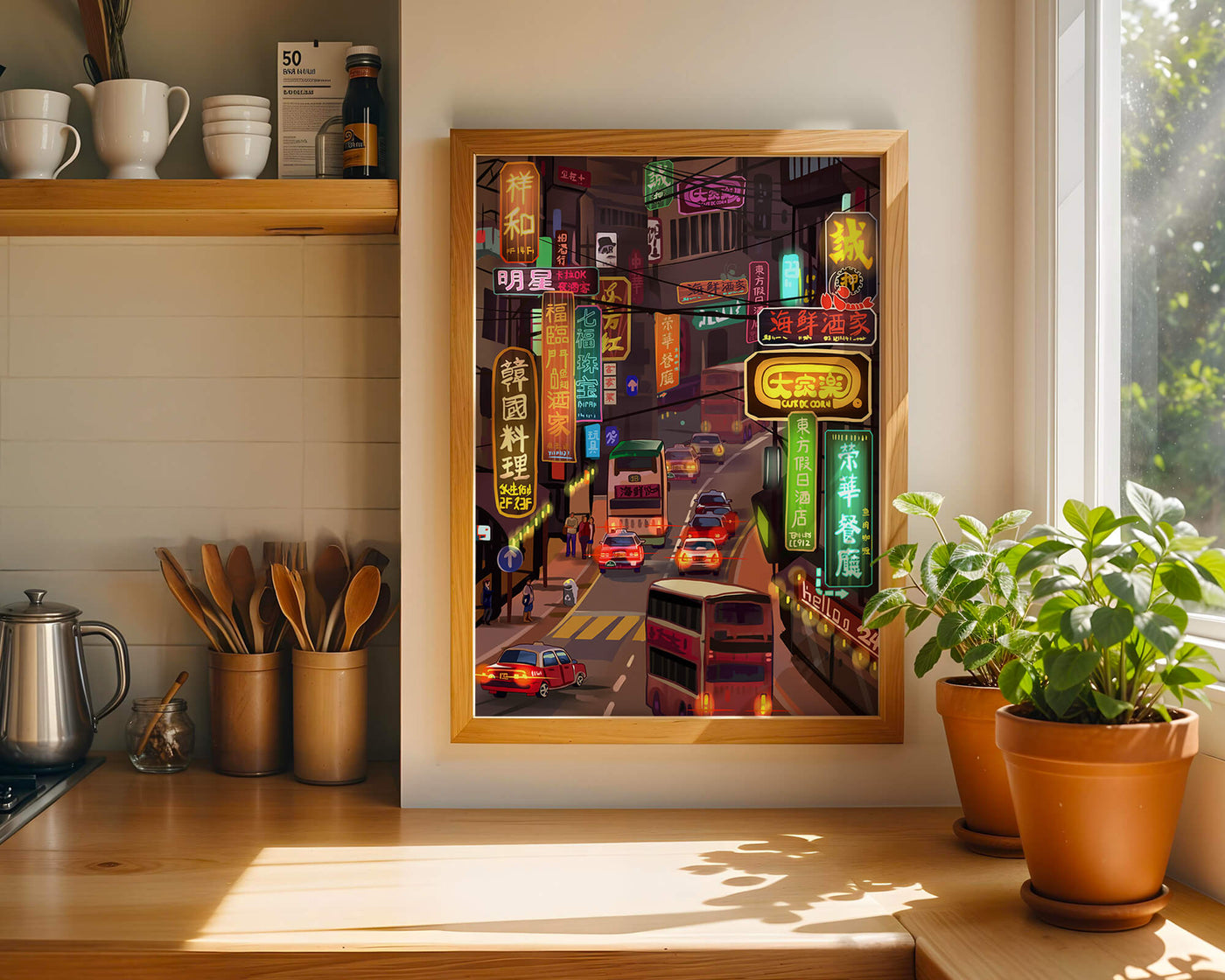 Vibrant urban street with neon signs and bustling traffic at night