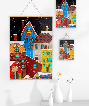 Farbenfrohe Winterstadtlandschaft mit schneebedeckten Häusern im Cartoon-Stil