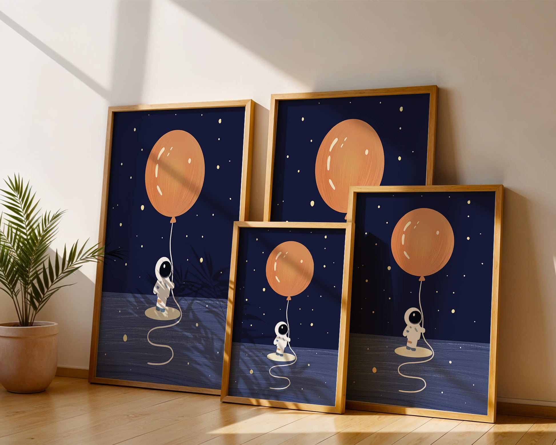 Charming Astronaut Holding Large Orange Balloon Under Starry Sky