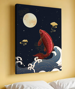 Ilustración artística de peces koi saltando sobre las olas bajo la luz de la luna