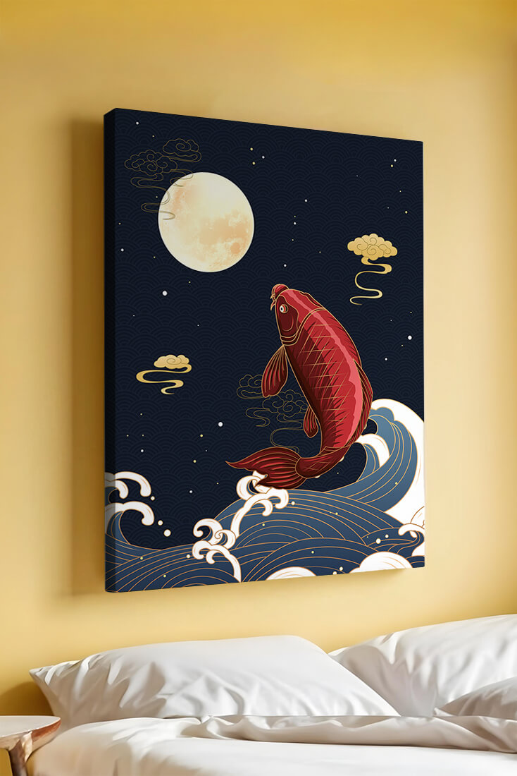 Artistic illustration of koi fish jumping over waves under moonlight