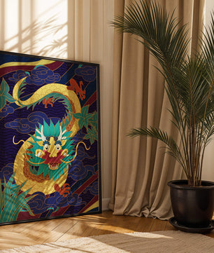 Illustration de dragon coloré avec des nuages ​​et des éléments de feuillage