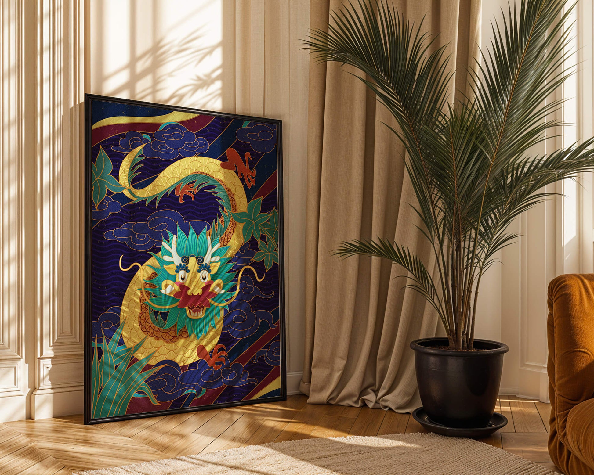 Illustration de dragon coloré avec des nuages ​​et des éléments de feuillage