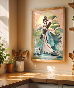 Elegant woman with traditional clothing and musical instrument in serene nature setting