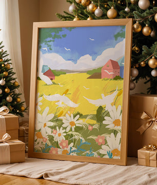 Summer Landscape with Birds and Flowers in a Pastoral Setting