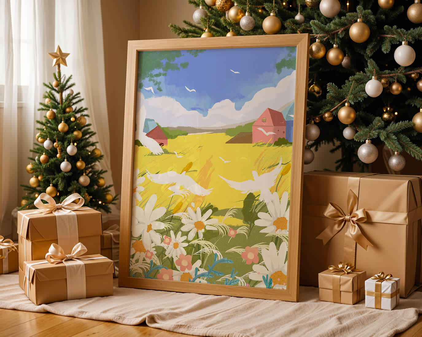 Summer Landscape with Birds and Flowers in a Pastoral Setting