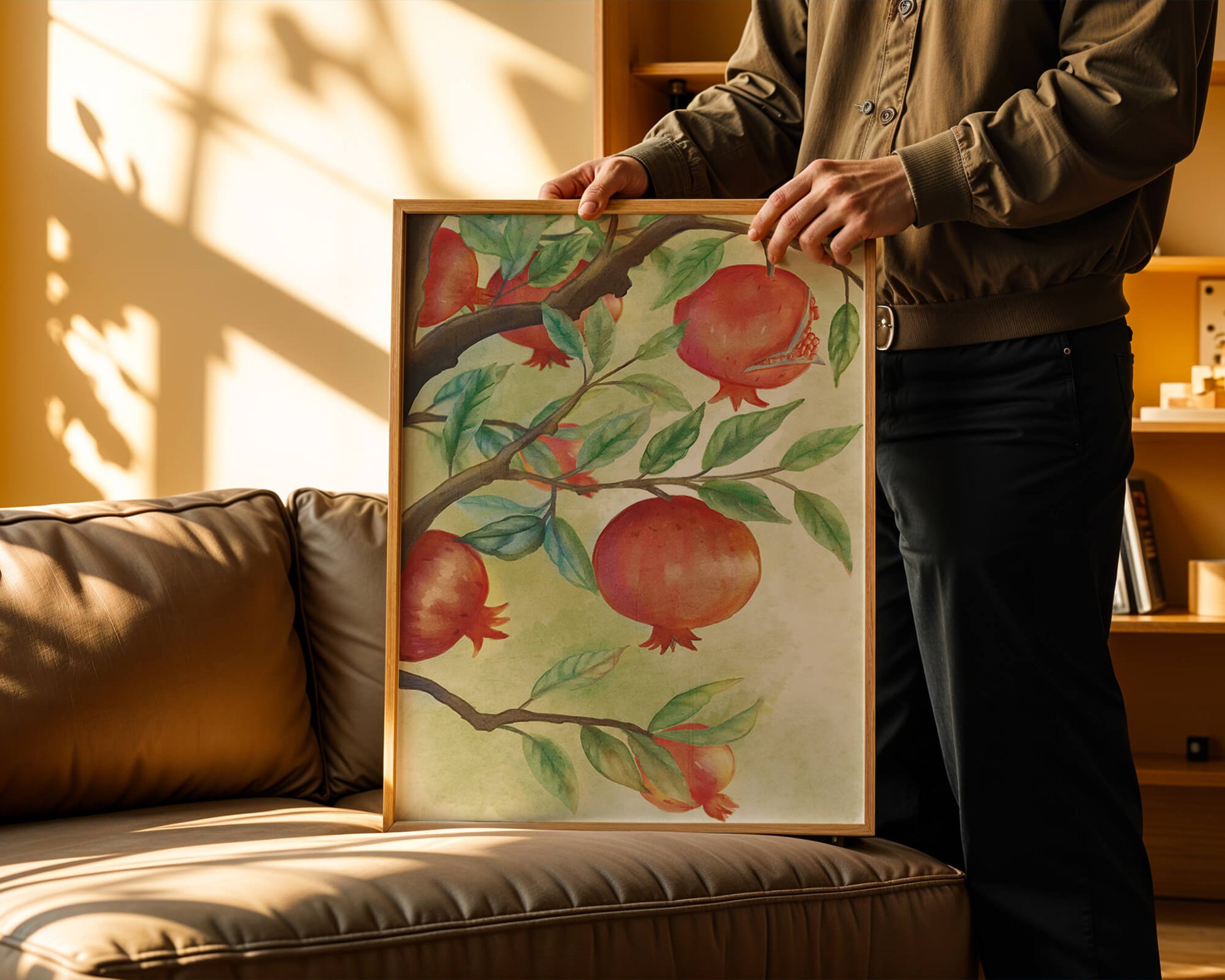 Watercolor Pomegranate Tree Branch with Fruits and Leaves