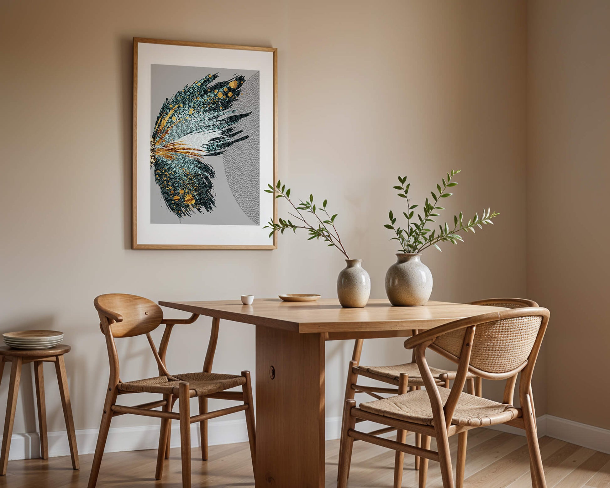 Ala de mariposa abstracta con detalles turquesa y dorados