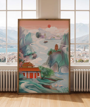Ruhige Landschaft mit traditioneller asiatischer Architektur und Naturelementen