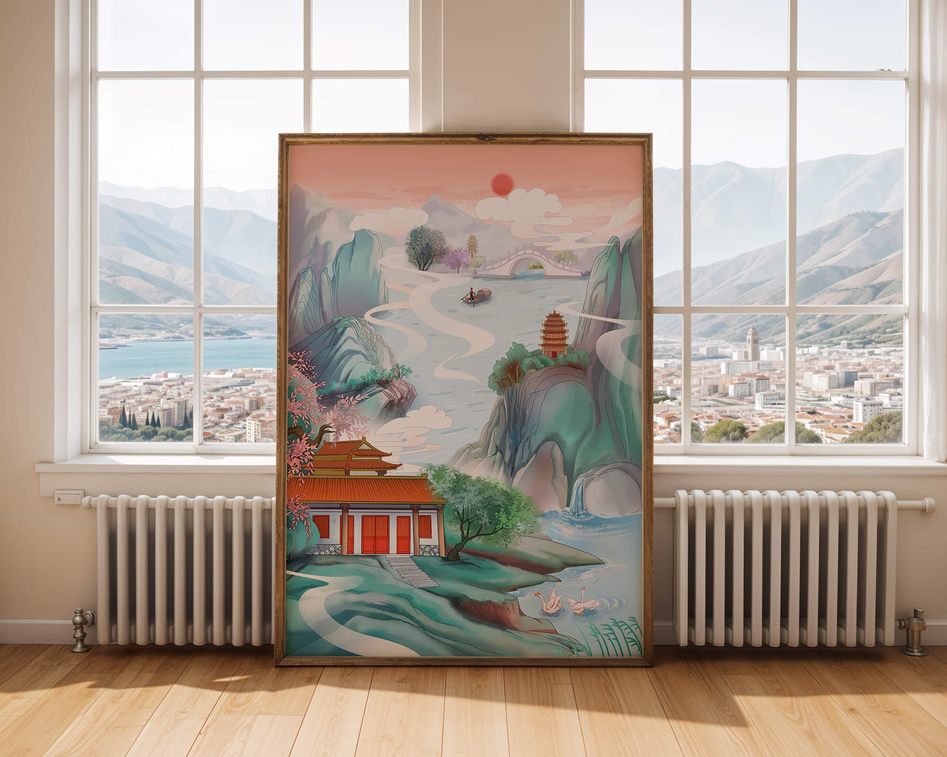 Serene landscape with traditional Asian architecture and nature elements