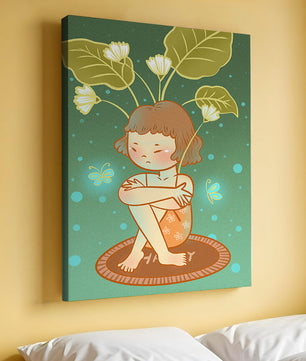 Ilustración de un niño con tocado floral y mariposas