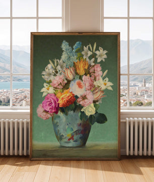 Floral arrangement in a decorative vase on a green background