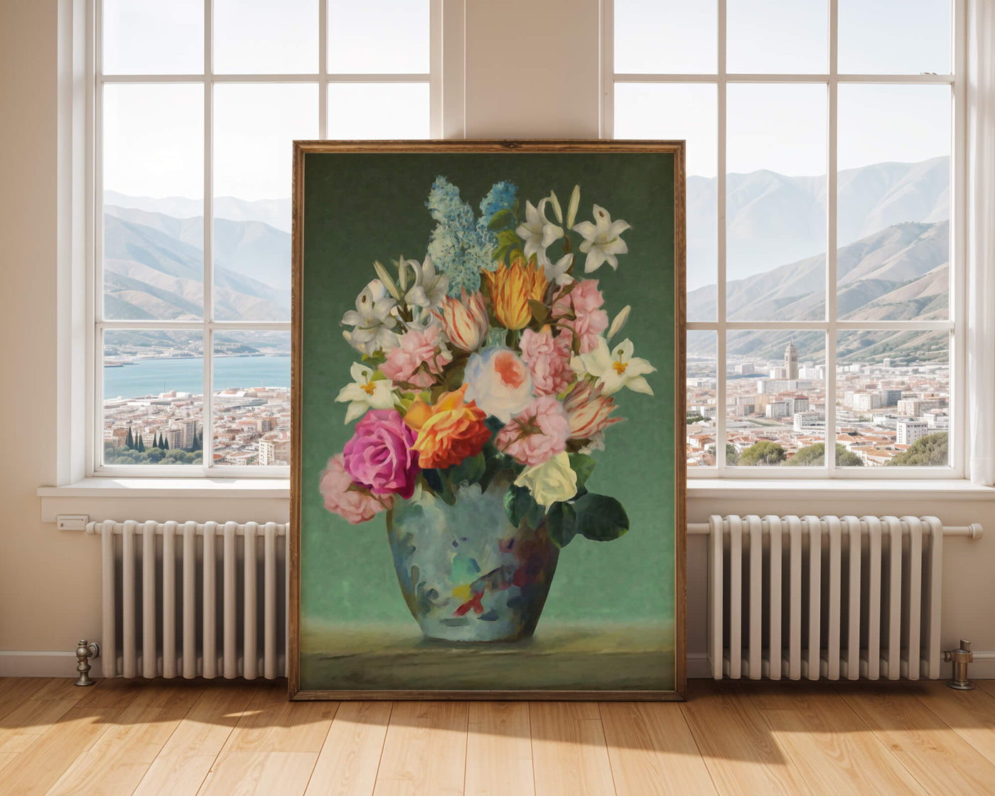 Floral arrangement in a decorative vase on a green background