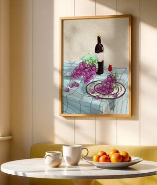 Still Life with Grapes and Wine Bottle on a Checkered Tablecloth - Mi tienda