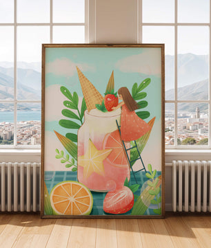 Bezaubernde Sommergetränk-Illustration mit Früchten, Blättern und einem Kind