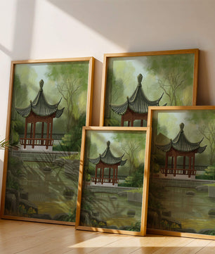 Tranquil Asian garden scene with traditional pagoda and serene pond