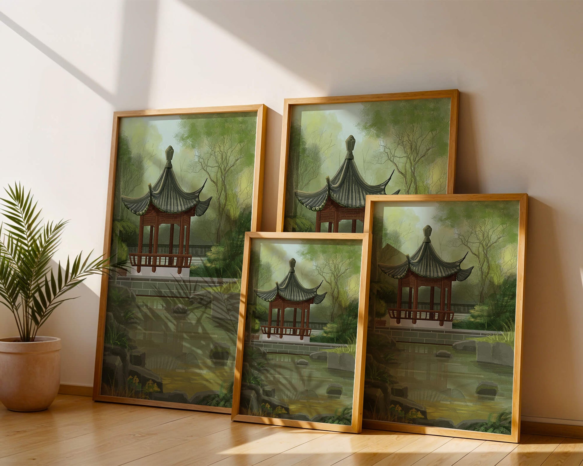Tranquil Asian garden scene with traditional pagoda and serene pond