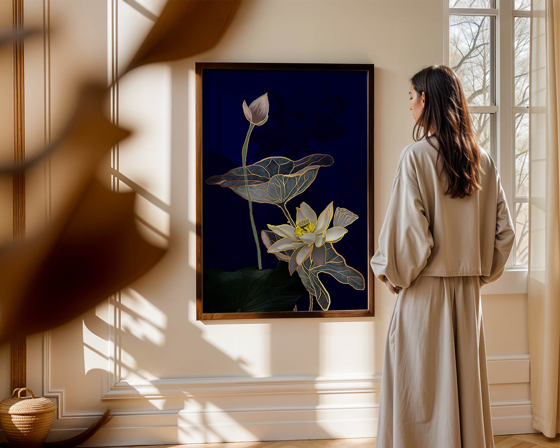 Elegant Lotus Flower with Gold Accents on Deep Blue Background